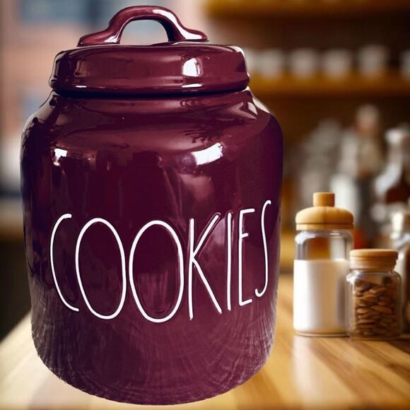 NWT Rae Dunn Gorgeous Burgundy Glossy Ceramic Big COOKIES Canister/Cookie Jar - Picture 1 of 12